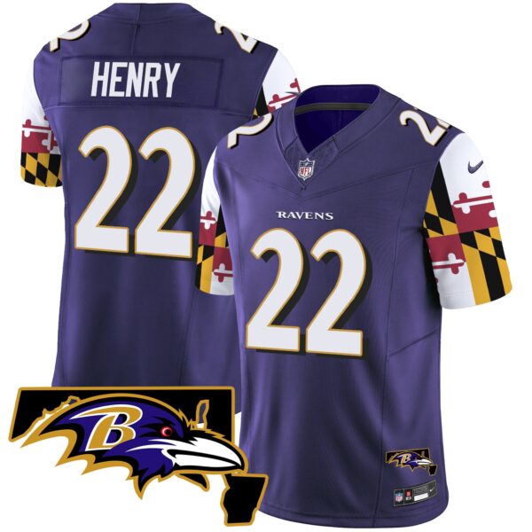 Ravens Maryland Flag Vapor Limited Jersey V2 – All Stitched – Purple – Derrick Henry Jersey
