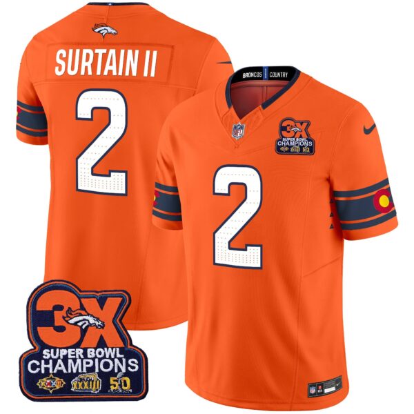 Denver Broncos 3x Patch Colorado Flag Vapor Limited Jersey – All Stitched – Orange – Patrick Surtain II Jersey