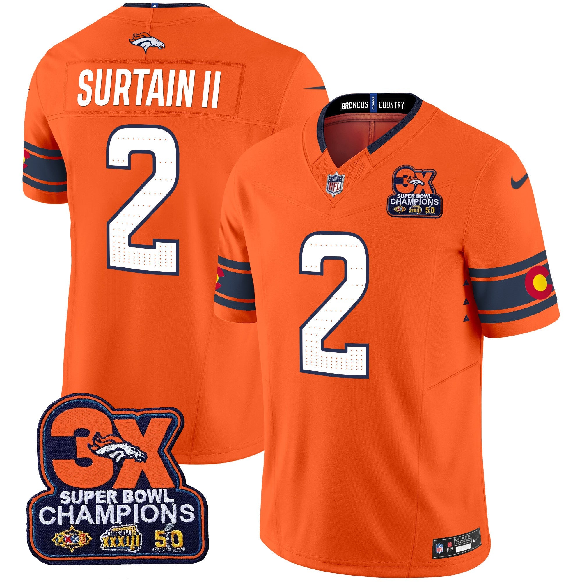 Denver Broncos 3x Patch Colorado Flag Vapor Limited Jersey – All Stitched – Orange – Patrick Surtain II Jersey