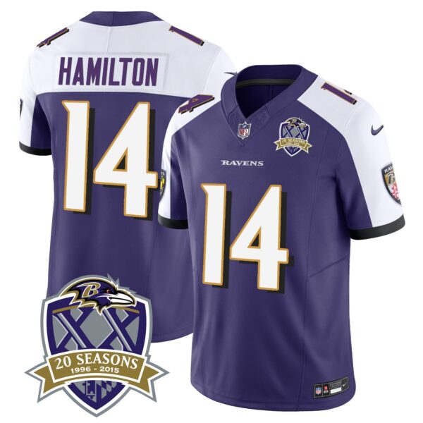 Ravens 20th Season Patch Vapor Limited Jersey – All Stitched – Purple Alternate – Kyle Hamilton Jersey