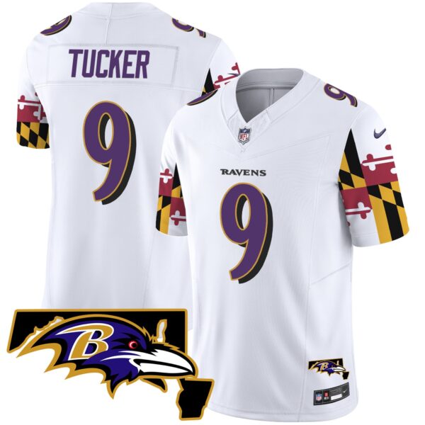 Ravens Maryland Flag Vapor Limited Jersey V2 – All Stitched – White – Justin Tucker Jersey