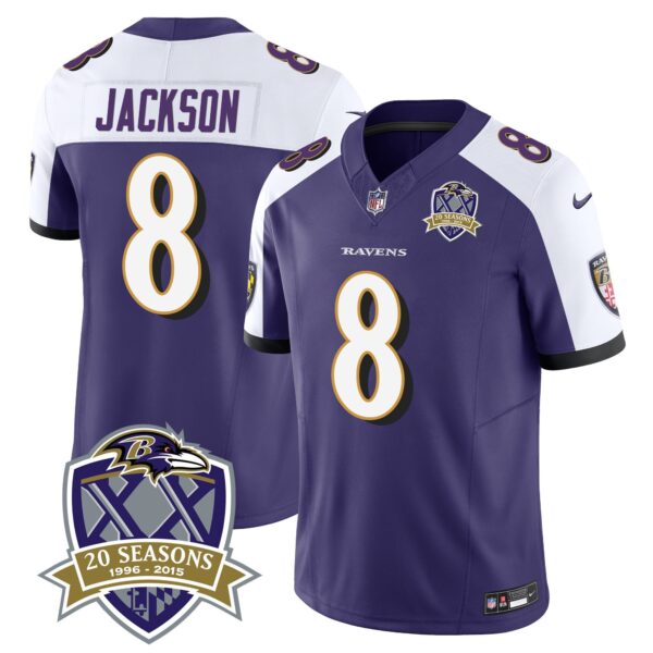 Ravens 20th Season Patch Vapor Limited Jersey – All Stitched – Purple Alternate – Lamar Jackson Jersey