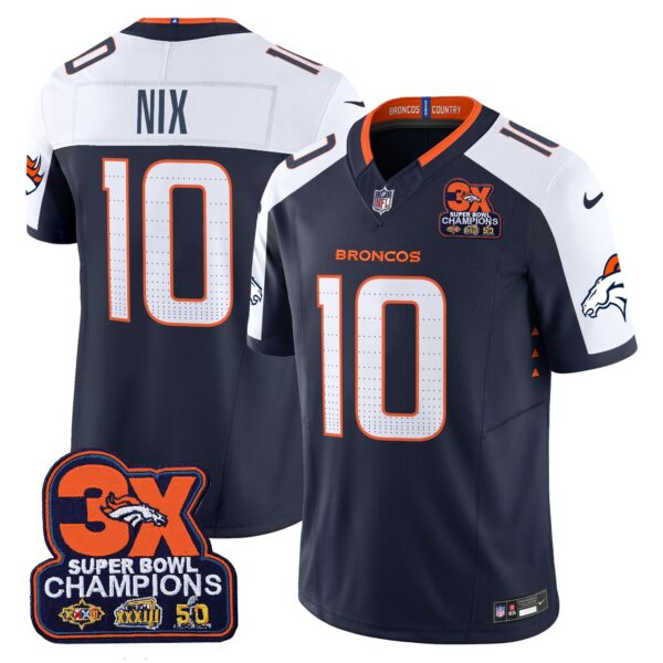 Denver Broncos 3-Time Champions Patch Vapor Limited Jersey – All Stitched – Navy Alternate – Bo Nix Jersey