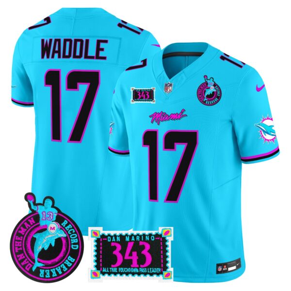 Dolphins Dan the Man Record Breaker Patch Vapor Limited Jersey – All Stitched – Aqua – Jaylen Waddle Jersey