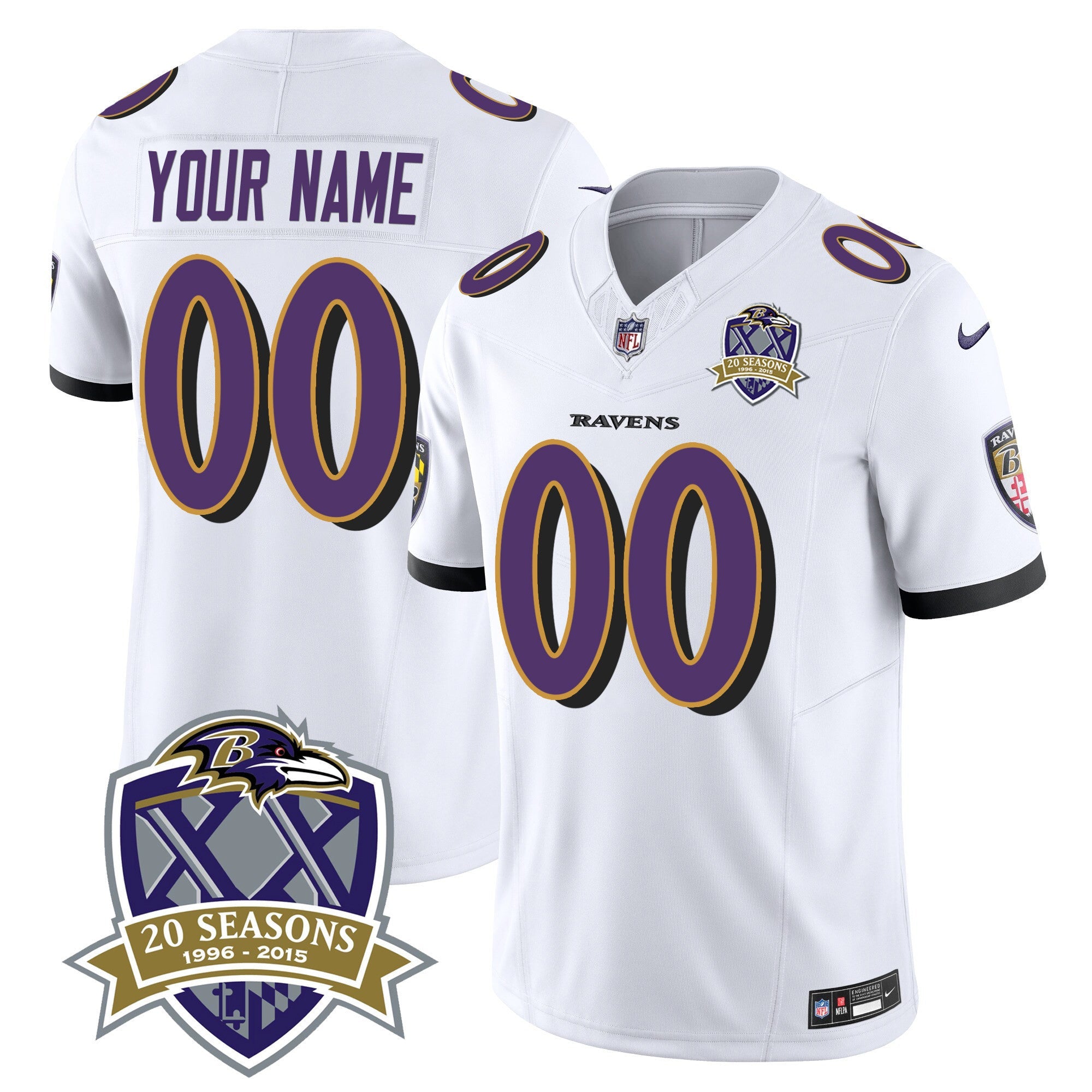 Ravens 20th Season Patch Vapor Limited Custom Jersey – All Stitched – White Jersey