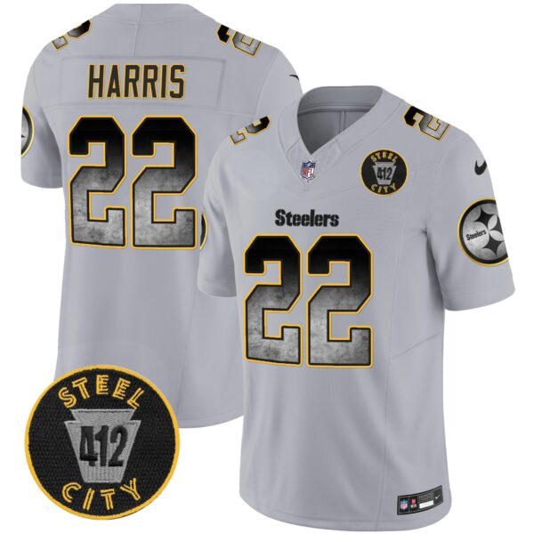 Steelers Arch Smoke 412 Patch Vapor Limited Jersey – All Stitched – Gray – Najee Harris Jersey