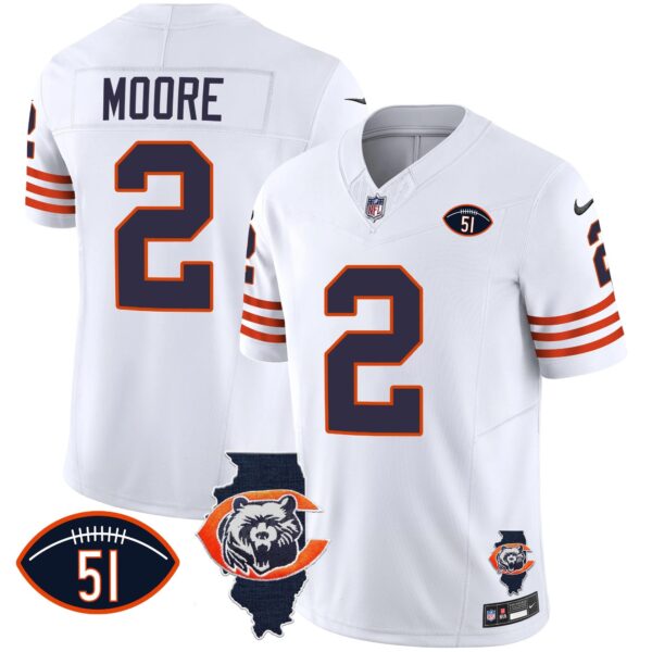 Bears Throwback Illinois Patch Vapor Jersey – All Stitched – White – D.J. Moore Jersey