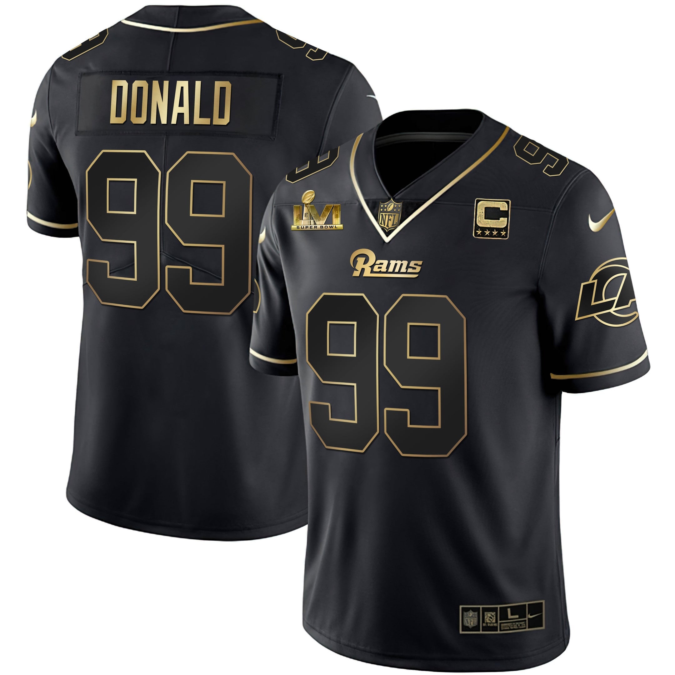 Los Angeles Rams Super Bowl LVI White Gold & Black Gold Jersey – All Stitched – Black Gold – Aaron Donald Jersey