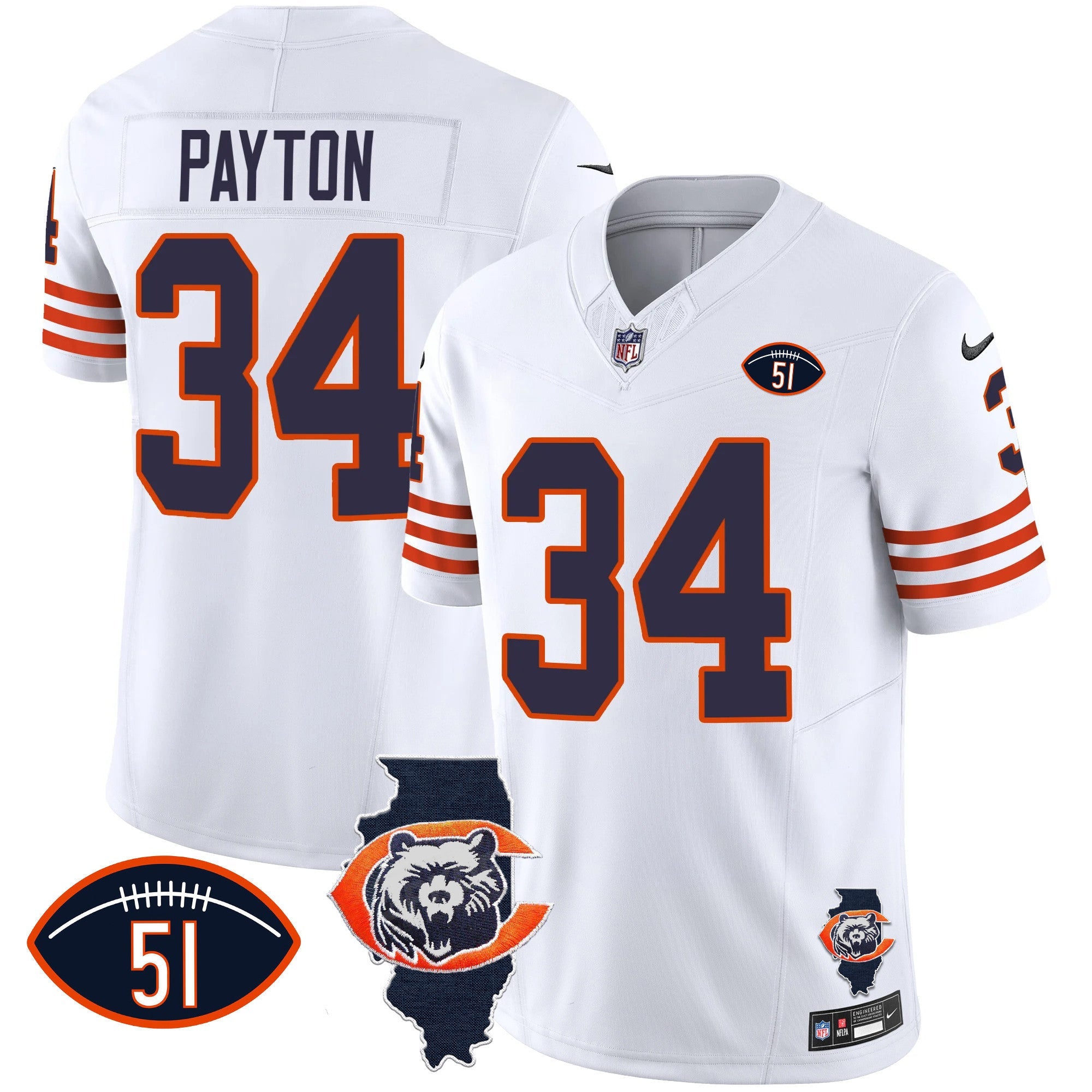 Bears Throwback Illinois Patch Vapor Jersey – All Stitched – White – Walter Payton Jersey