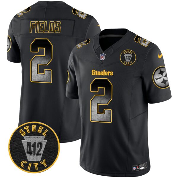 Steelers Arch Smoke 412 Patch Vapor Limited Jersey – All Stitched – Black – Justin Fields Jersey