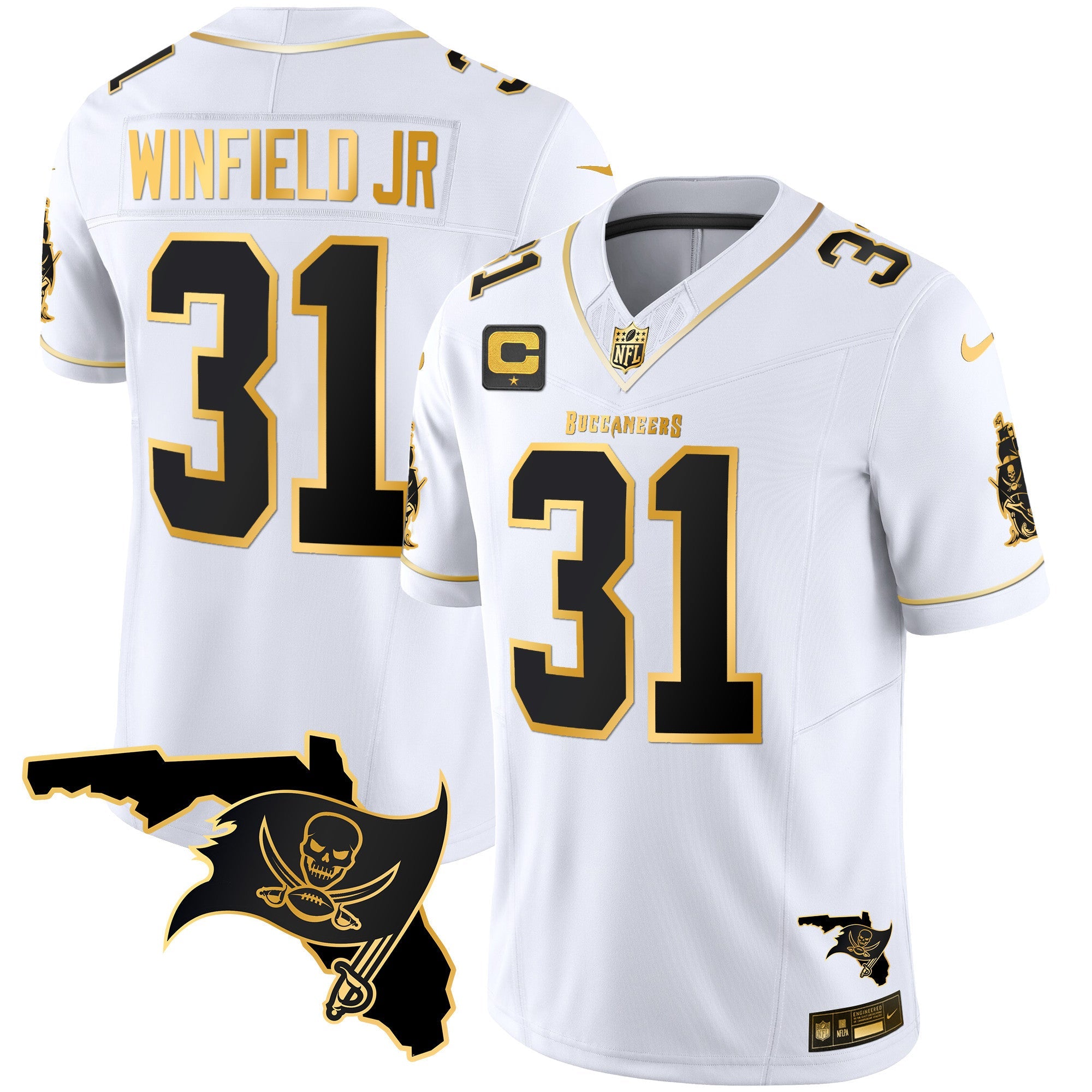 Buccaneers Florida Patch Vapor Gold Jersey – All Stitched – White Gold – Antoine Winfield Jr. Jersey