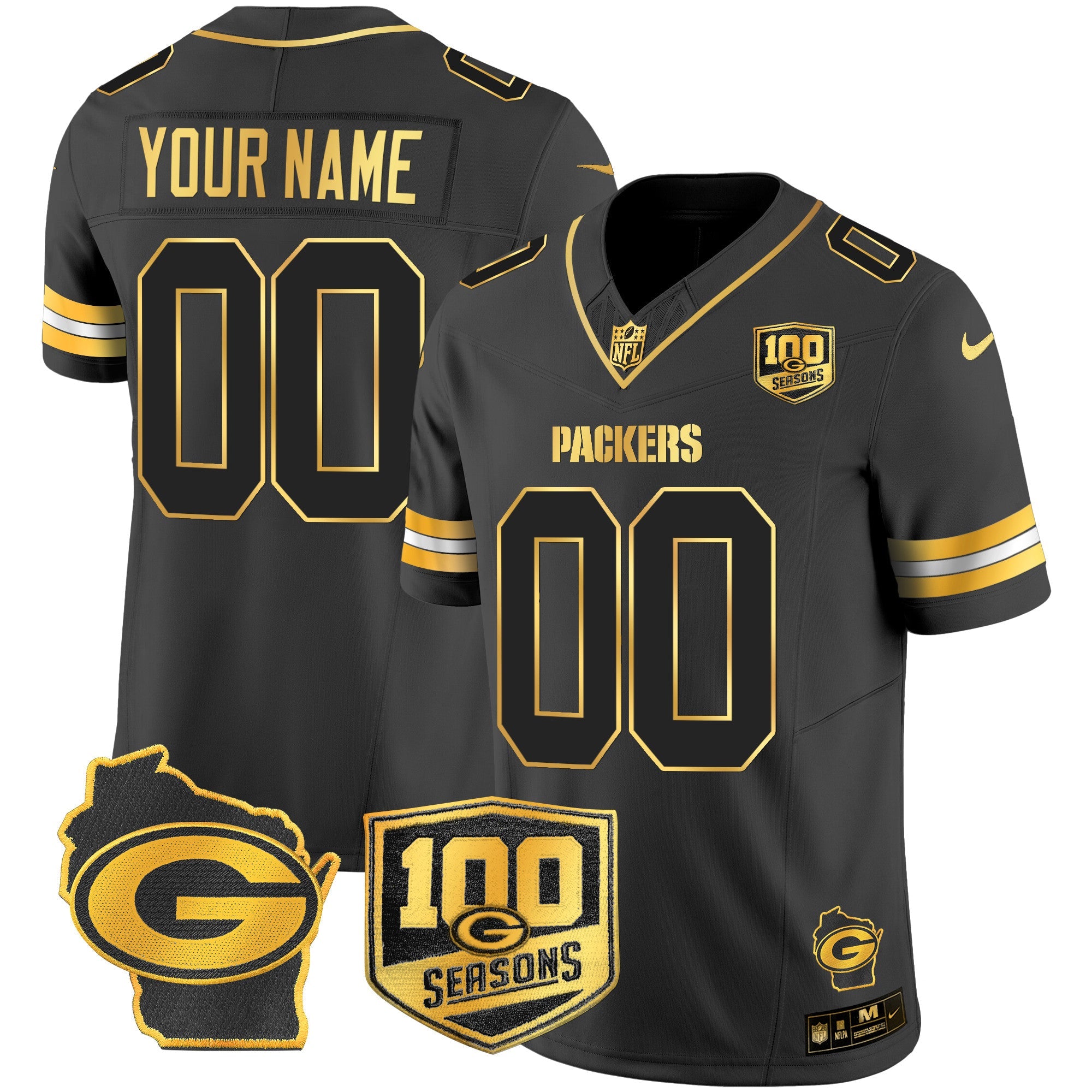 Packers 100th Season & Home Patch Gold Vapor Limited Custom Jersey All Stitched – Black Gold Jersey