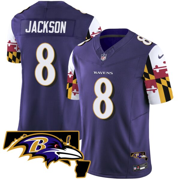 Ravens Maryland Flag Vapor Limited Jersey V2 – All Stitched – Purple – Lamar Jackson Jersey