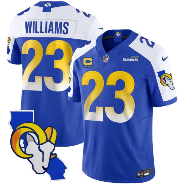 Rams California Patch Vapor Limited Jersey – All Stitched – Royal Alternate – Kyren Williams Jersey