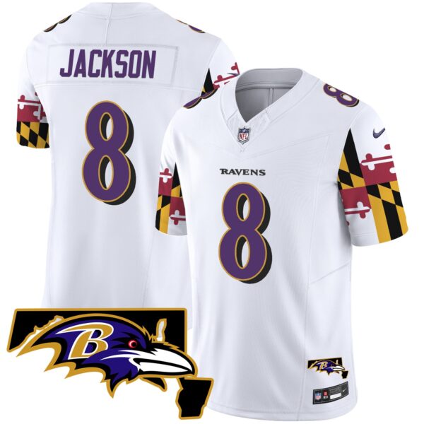 Ravens Maryland Flag Vapor Limited Jersey V2 – All Stitched – White – Lamar Jackson Jersey