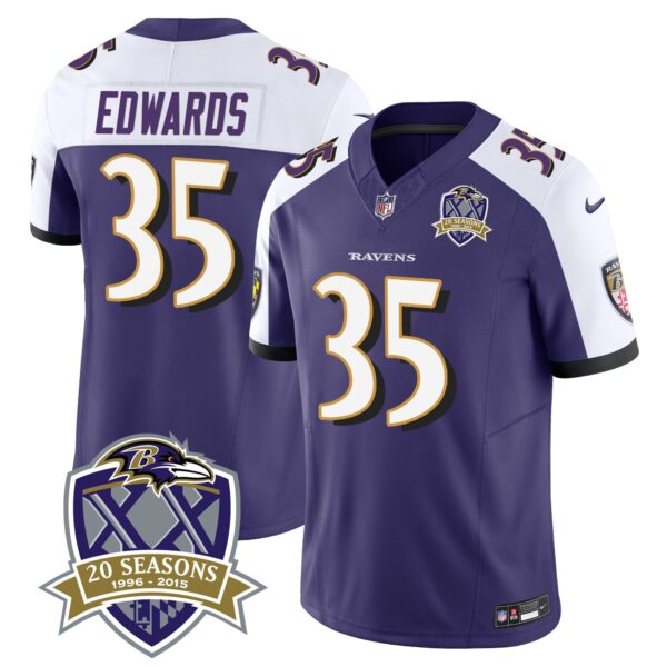 Ravens 20th Season Patch Vapor Limited Jersey – All Stitched – Purple Alternate – Gus Edwards Jersey