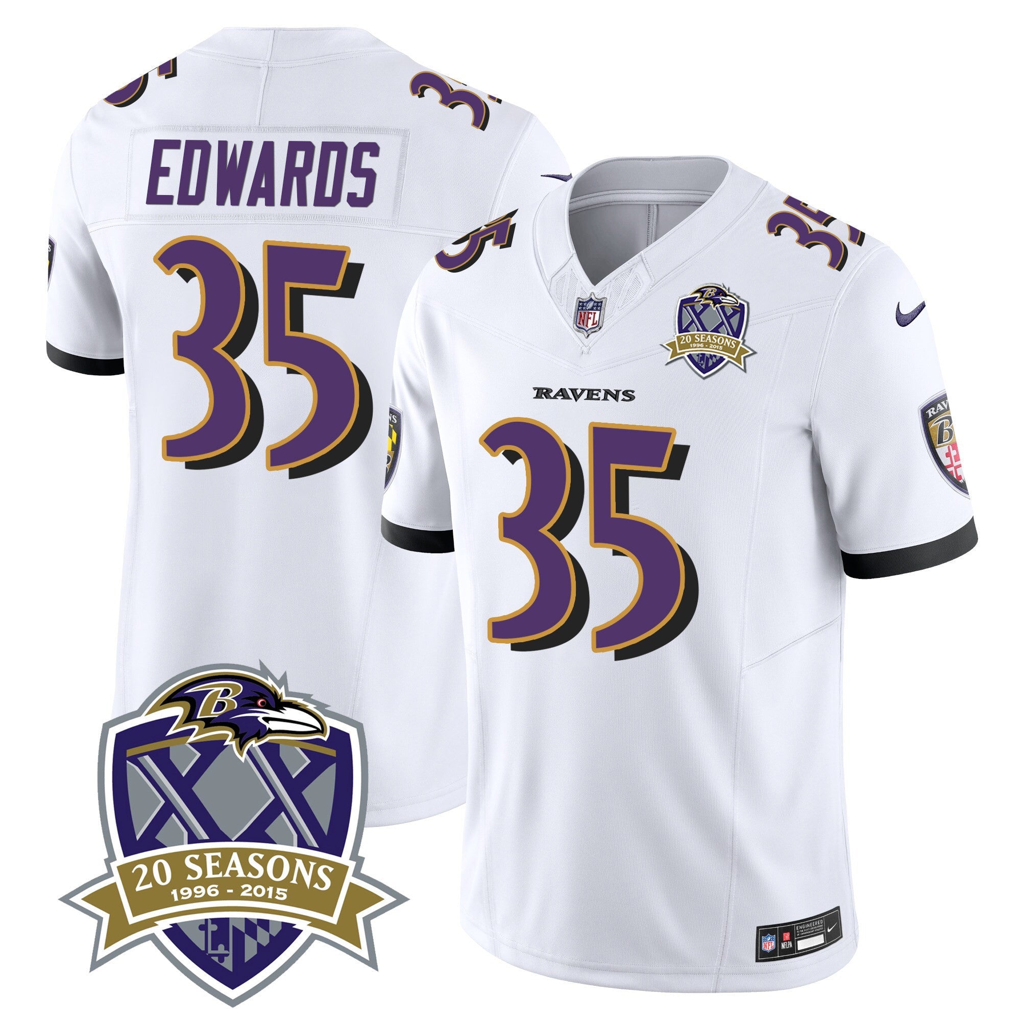 Ravens 20th Season Patch Vapor Limited Jersey – All Stitched – White – Gus Edwards Jersey