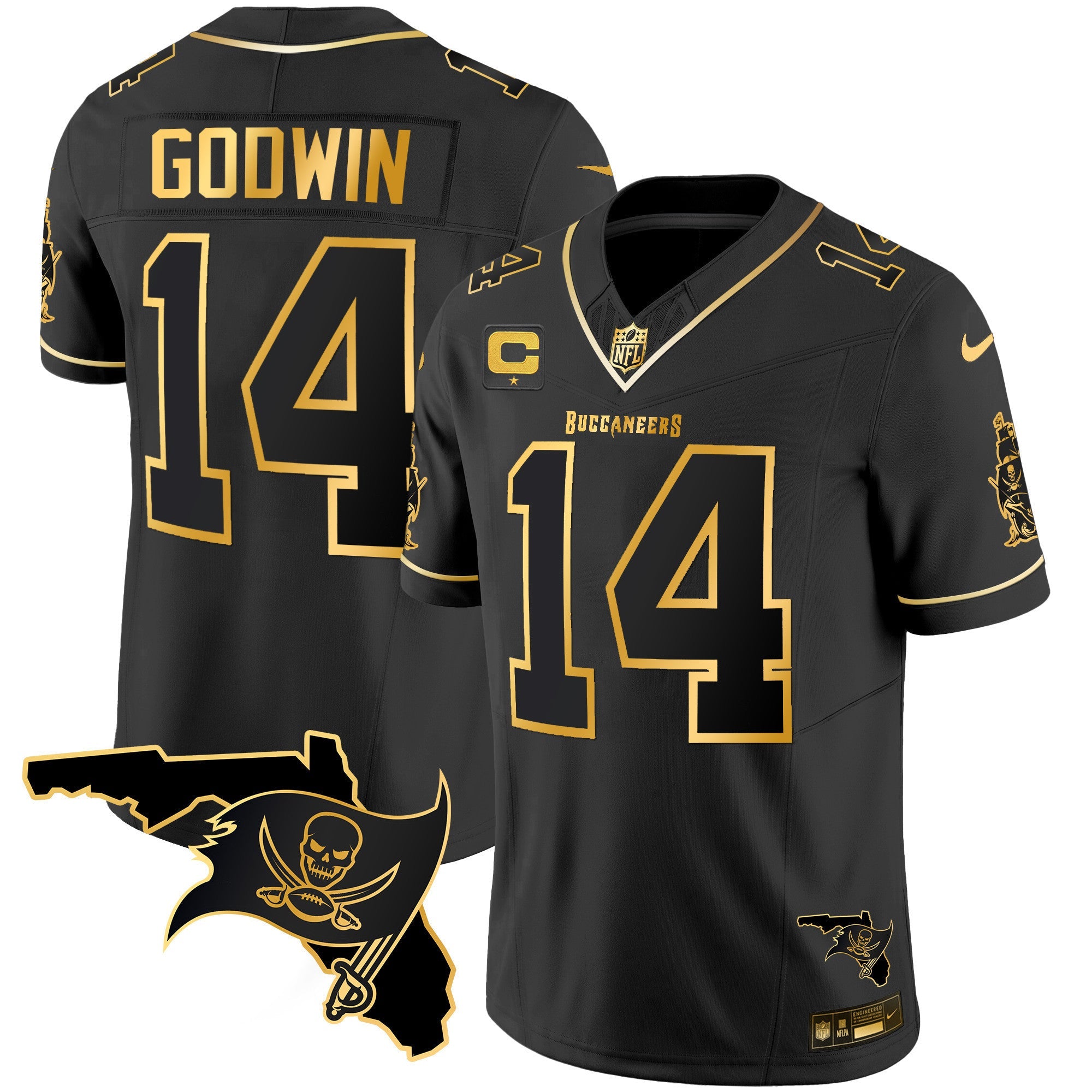 Buccaneers Florida Patch Vapor Gold Jersey – All Stitched – Black Gold – Chris Godwin Jersey