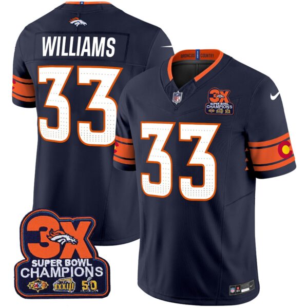 Denver Broncos 3x Patch Colorado Flag Vapor Limited Jersey – All Stitched – Navy – Javonte Williams Jersey