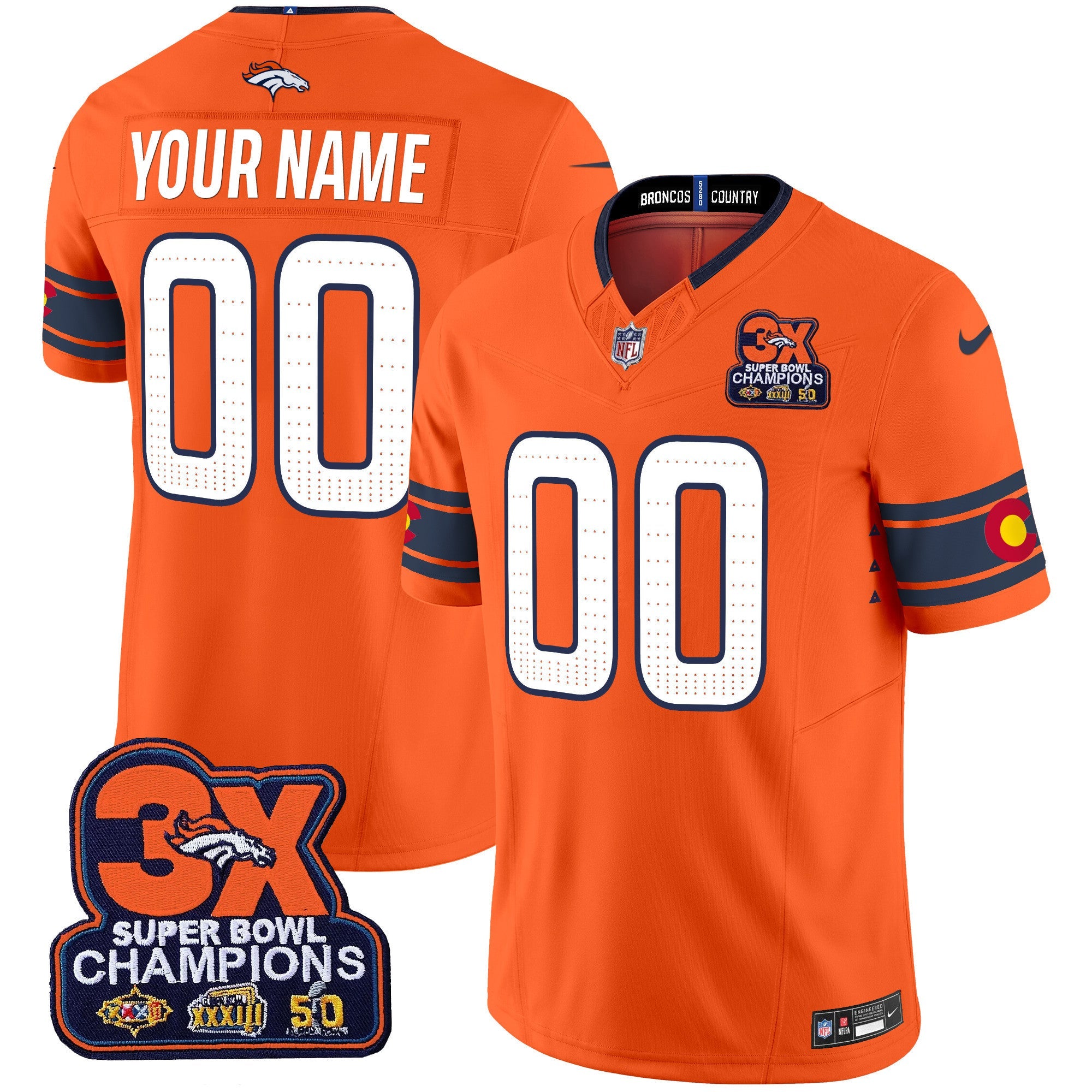 Denver Broncos 3x Patch Colorado Flag Vapor Limited Custom Jersey – All Stitched – Orange Jersey