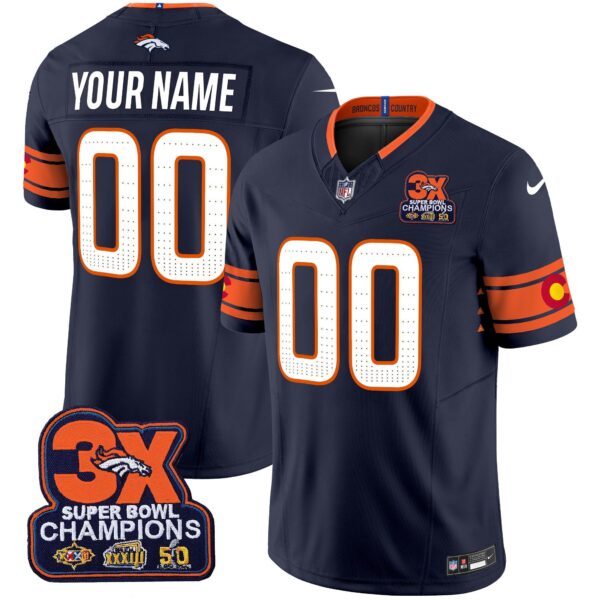 Denver Broncos 3x Patch Colorado Flag Vapor Limited Custom Jersey – All Stitched – Navy Jersey