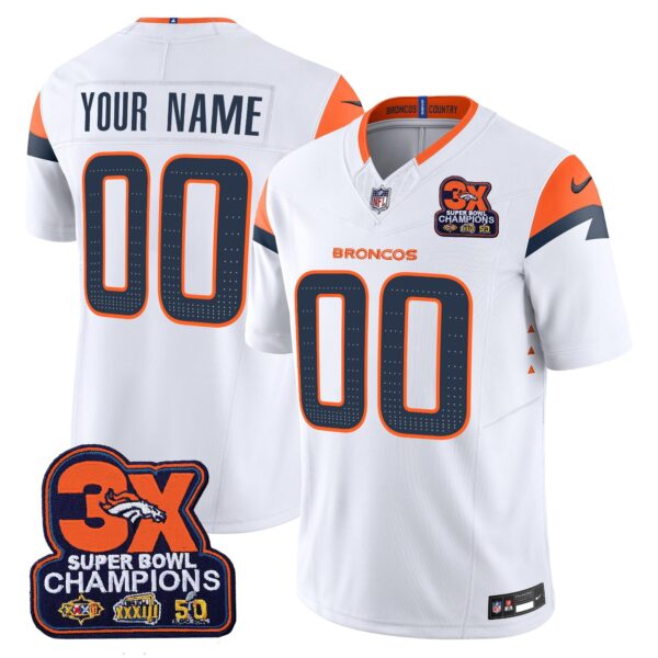 Denver Broncos 3-Time Champions Patch Vapor Limited Custom Jersey – All Stitched – White Jersey