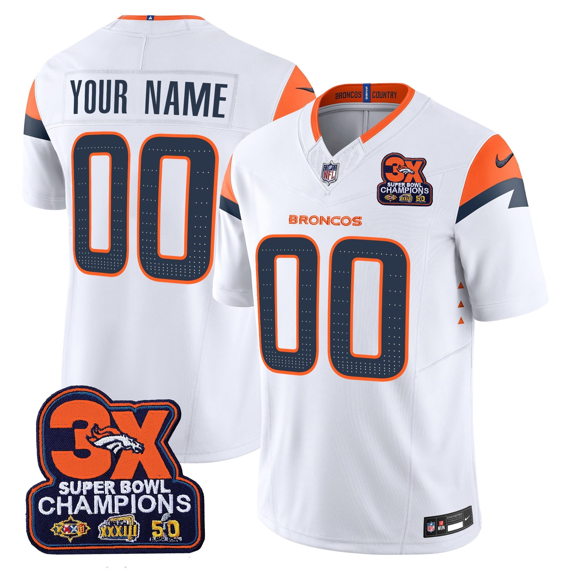 Denver Broncos 3-Time Champions Patch Vapor Limited Custom Jersey – All Stitched – White Jersey