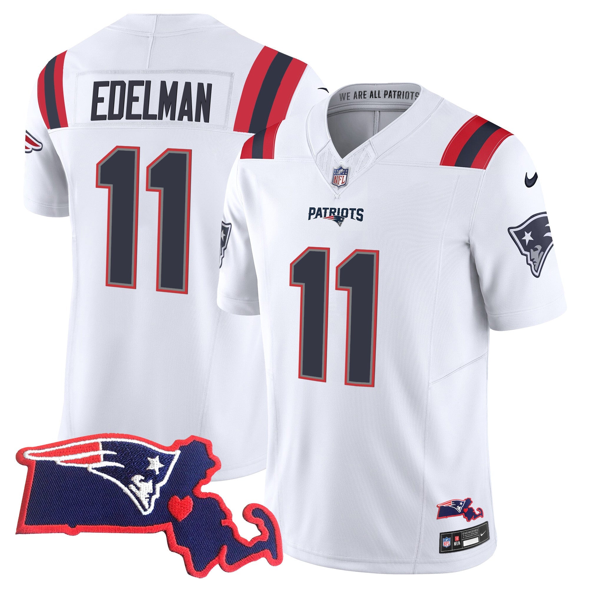 Patriots Massachusetts Patch Vapor Jersey – All Stitched – White – Julian Edelman Jersey