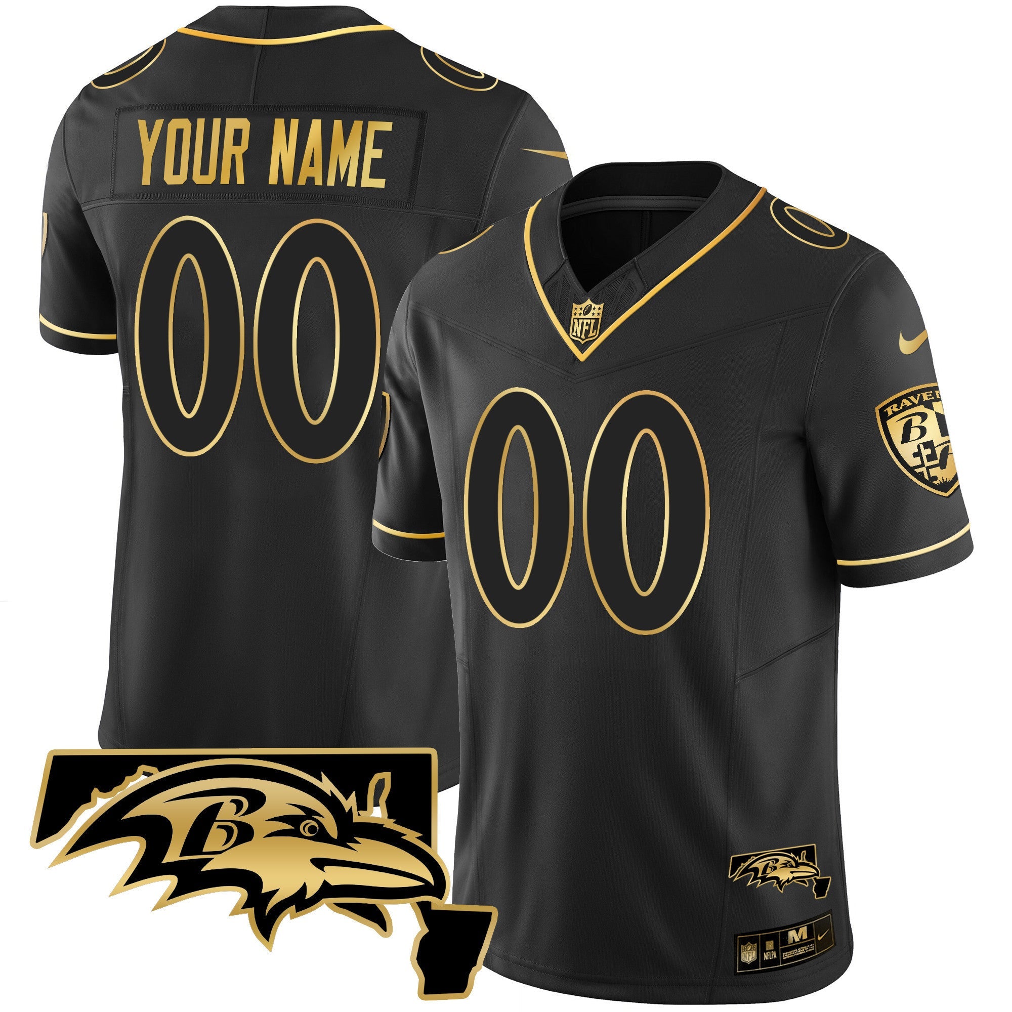 Ravens Maryland Patch Vapor Gold Custom Jersey – All Stitched – Black Gold Jersey