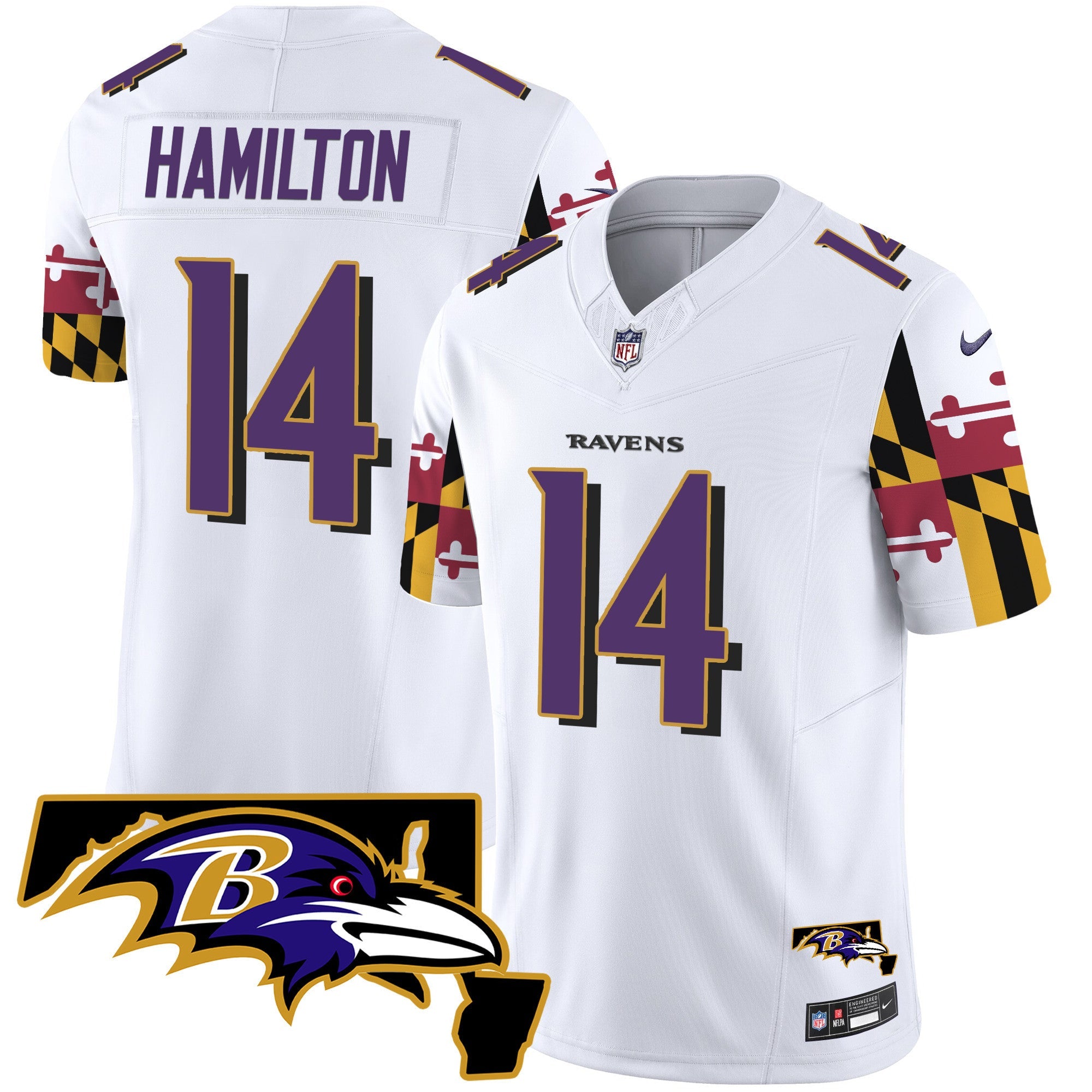 Ravens Maryland Flag Vapor Limited Jersey V2 – All Stitched – White – Kyle Hamilton Jersey
