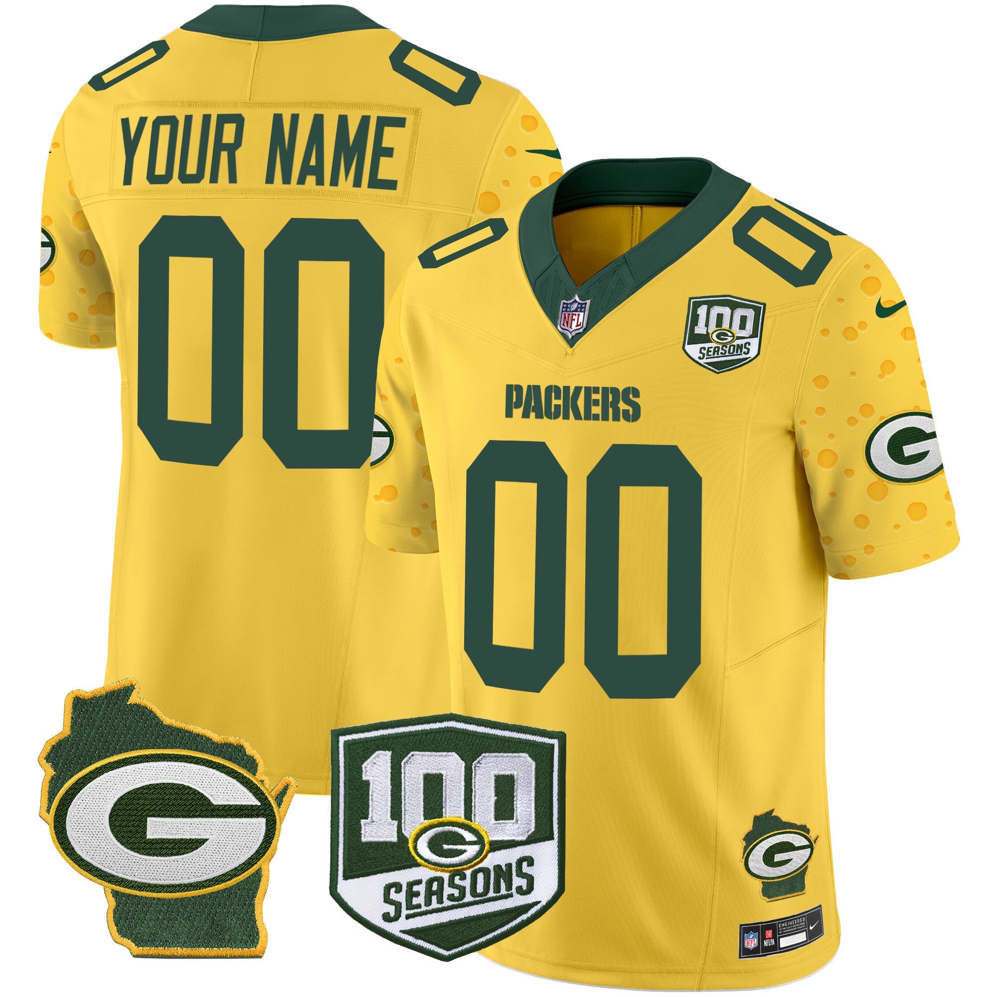 Packers 100th Season & Home Patch Cheese Vapor Limited Custom Jersey All Stitched – Gold Jersey