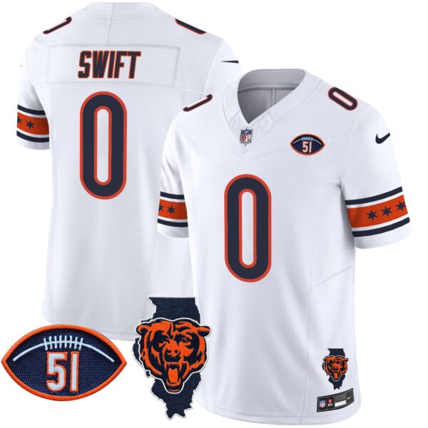 Bears Illinois & Dick Butkus Patch Vapor Limited Jersey – All Stitched – White – D’Andre Swift Jersey