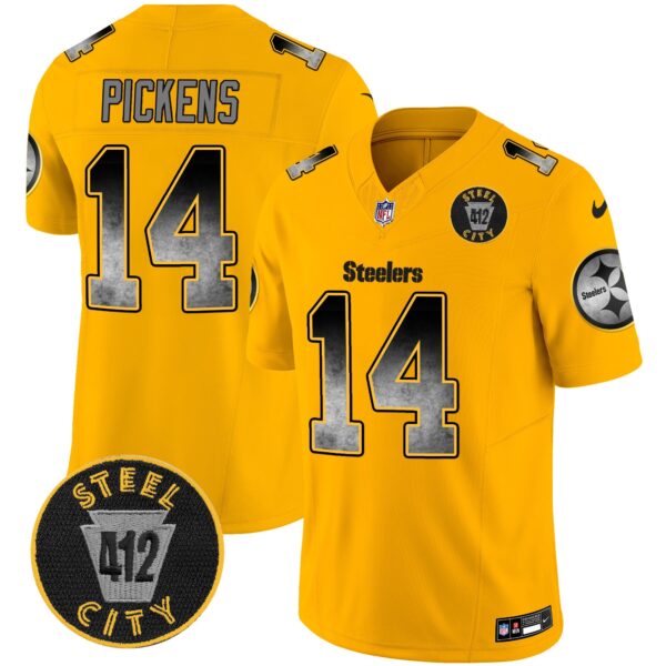 Steelers Arch Smoke 412 Patch Vapor Limited Jersey – All Stitched – Gold – George Pickens Jersey