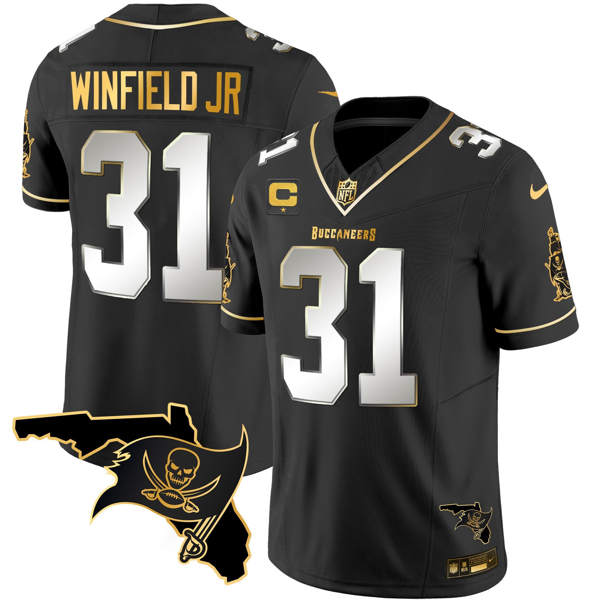 Buccaneers Florida Patch Vapor Gold Jersey – All Stitched – Black Limited – Antoine Winfield Jr. Jersey