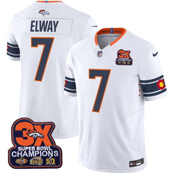 Denver Broncos 3x Patch Colorado Flag Vapor Limited Jersey – All Stitched – White – John Elway Jersey