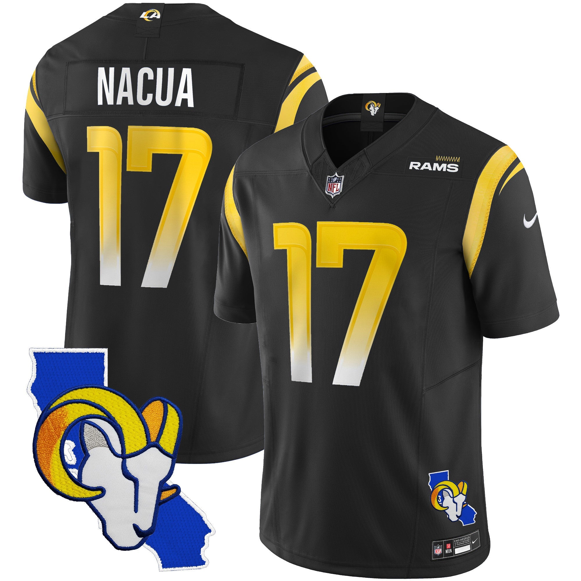 Rams California Patch Vapor Limited Jersey – All Stitched – Black – Puka Nacua Jersey