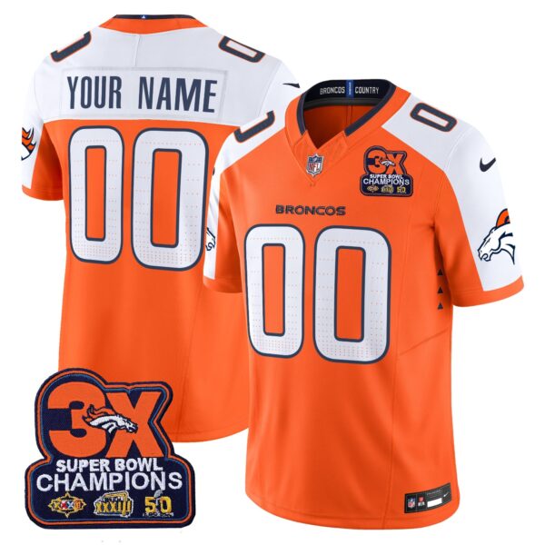 Denver Broncos 3-Time Champions Patch Vapor Limited Custom Jersey – All Stitched – Orange Alternate Jersey