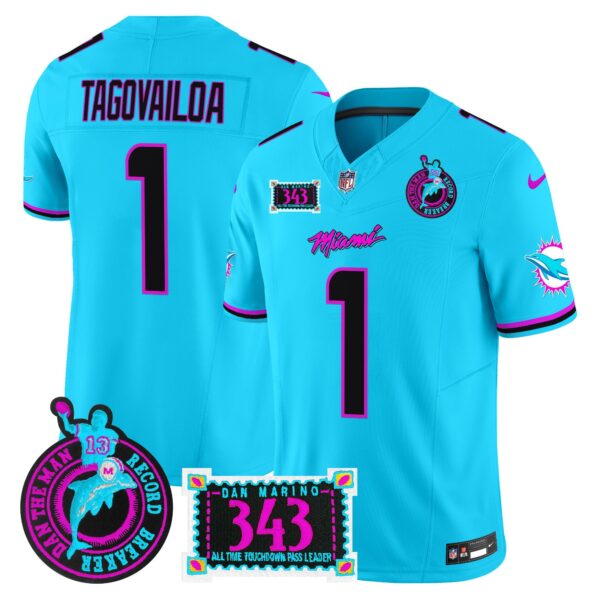 Dolphins Dan the Man Record Breaker Patch Vapor Limited Jersey – All Stitched – Aqua – Tua Tagovailoa Jersey