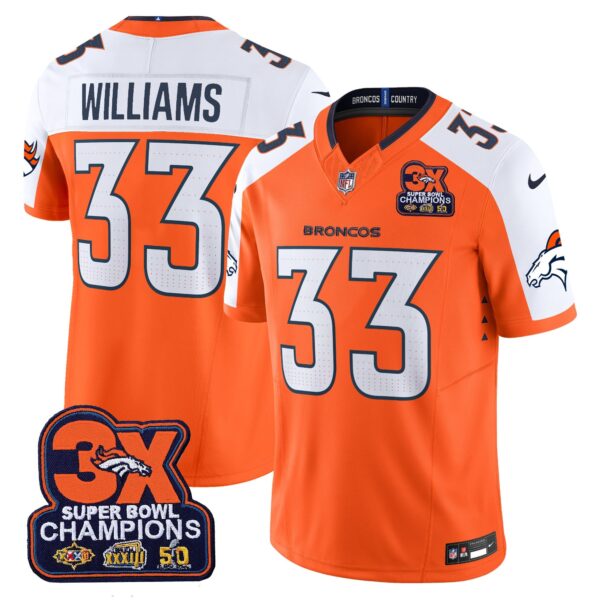 Denver Broncos 3-Time Champions Patch Vapor Limited Jersey – All Stitched – Orange Alternate – Javonte Williams Jersey