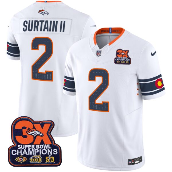 Denver Broncos 3x Patch Colorado Flag Vapor Limited Jersey – All Stitched – White – Patrick Surtain II Jersey