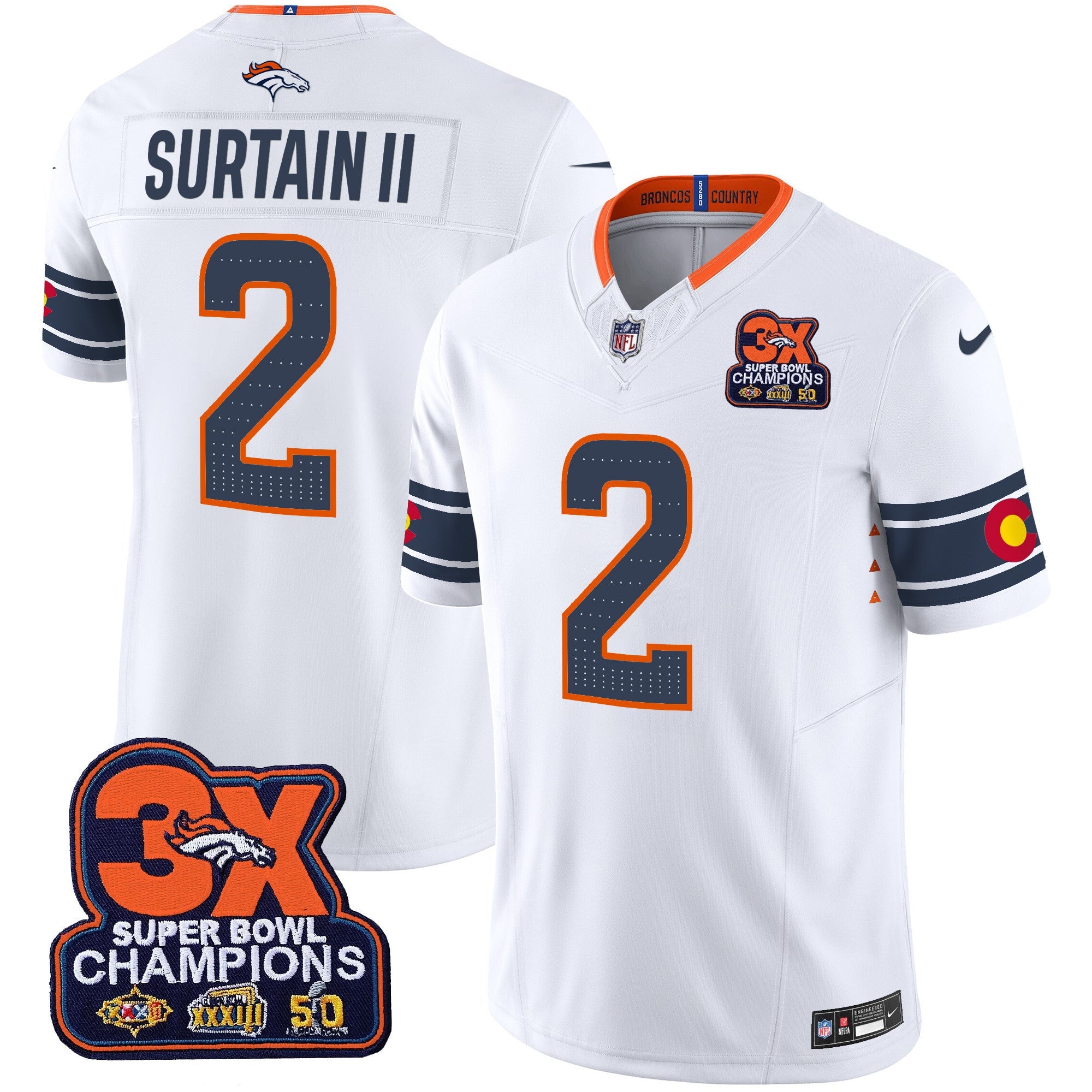 Denver Broncos 3x Patch Colorado Flag Vapor Limited Jersey – All Stitched – White – Patrick Surtain II Jersey