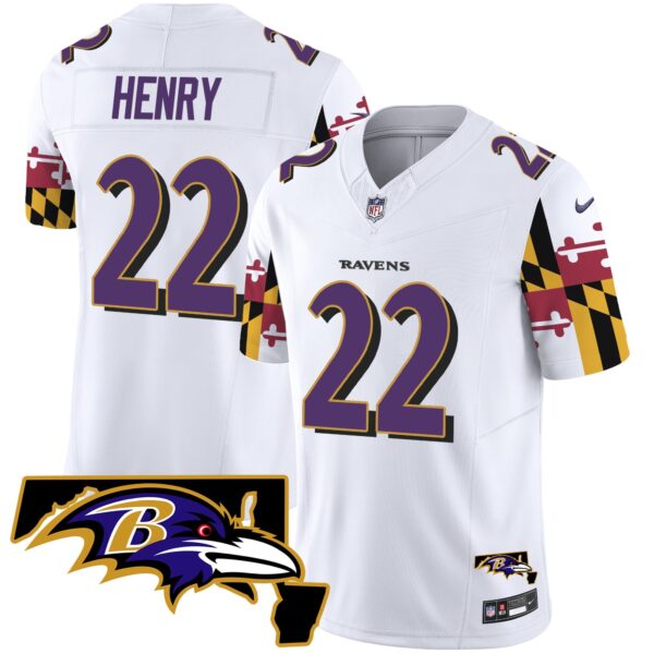 Ravens Maryland Flag Vapor Limited Jersey V2 – All Stitched – White – Derrick Henry Jersey