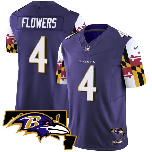 Ravens Maryland Flag Vapor Limited Jersey V2 – All Stitched – Purple – Zay Flowers Jersey