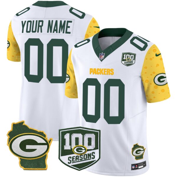 Packers 100th Season & Home Patch Cheese Vapor Limited Custom Jersey All Stitched – White Jersey