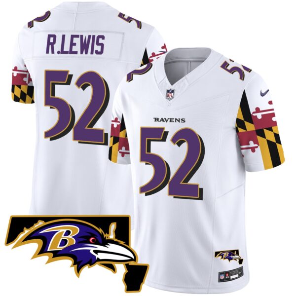 Ravens Maryland Flag Vapor Limited Jersey V2 – All Stitched – White – Ray Lewis Jersey