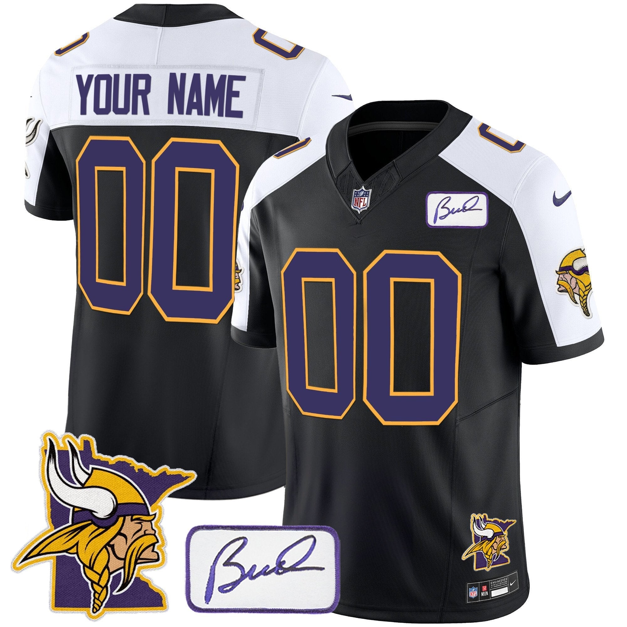 Vikings Bud Grant & Minnesota Patch Classic Limited Custom Jersey – All Stitched – Black Alternate Jersey