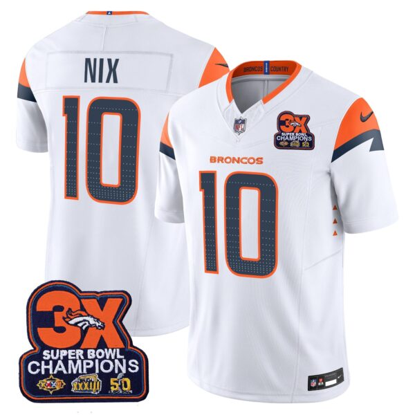 Denver Broncos 3-Time Champions Patch Vapor Limited Jersey – All Stitched – White – Bo Nix Jersey