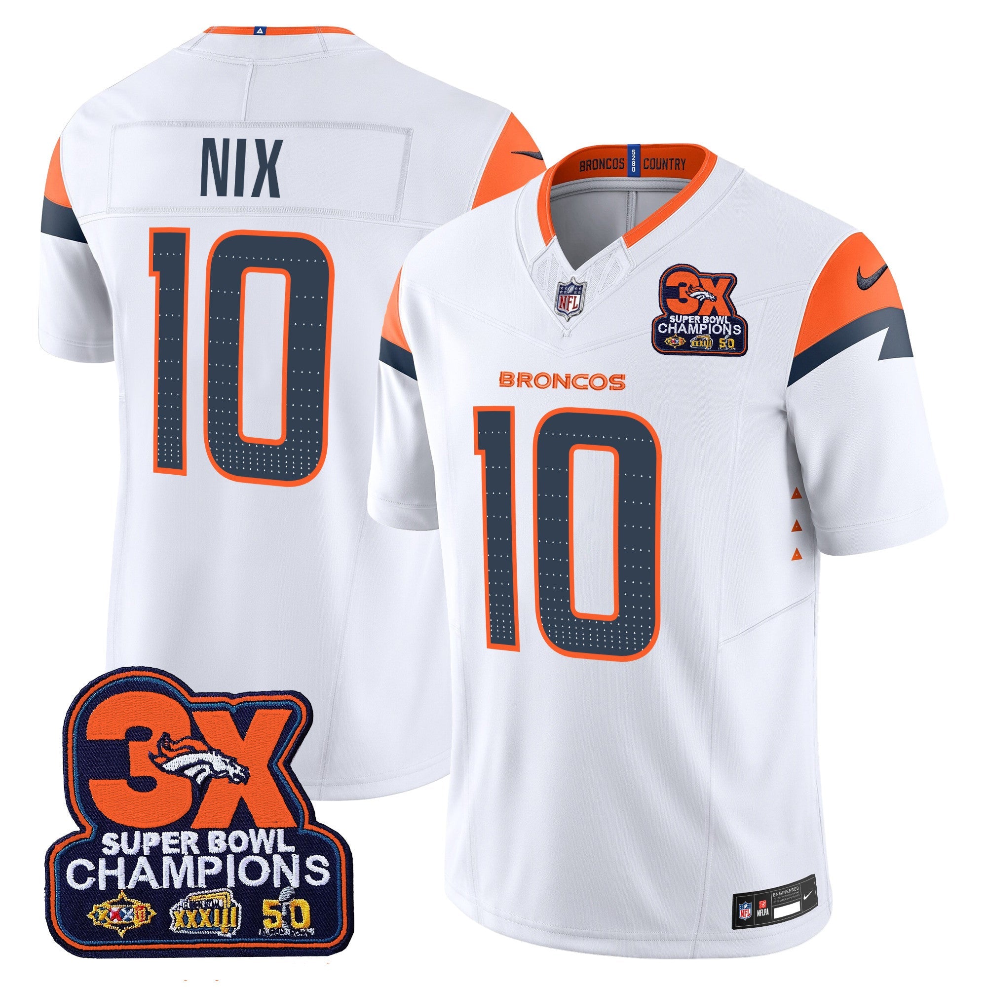 Denver Broncos 3-Time Champions Patch Vapor Limited Jersey – All Stitched – White – Bo Nix Jersey