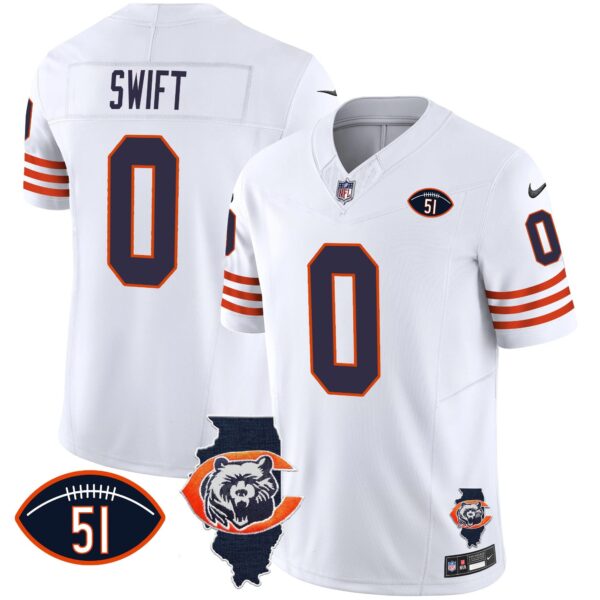 Bears Throwback Illinois Patch Vapor Jersey – All Stitched – White – D’Andre Swift Jersey