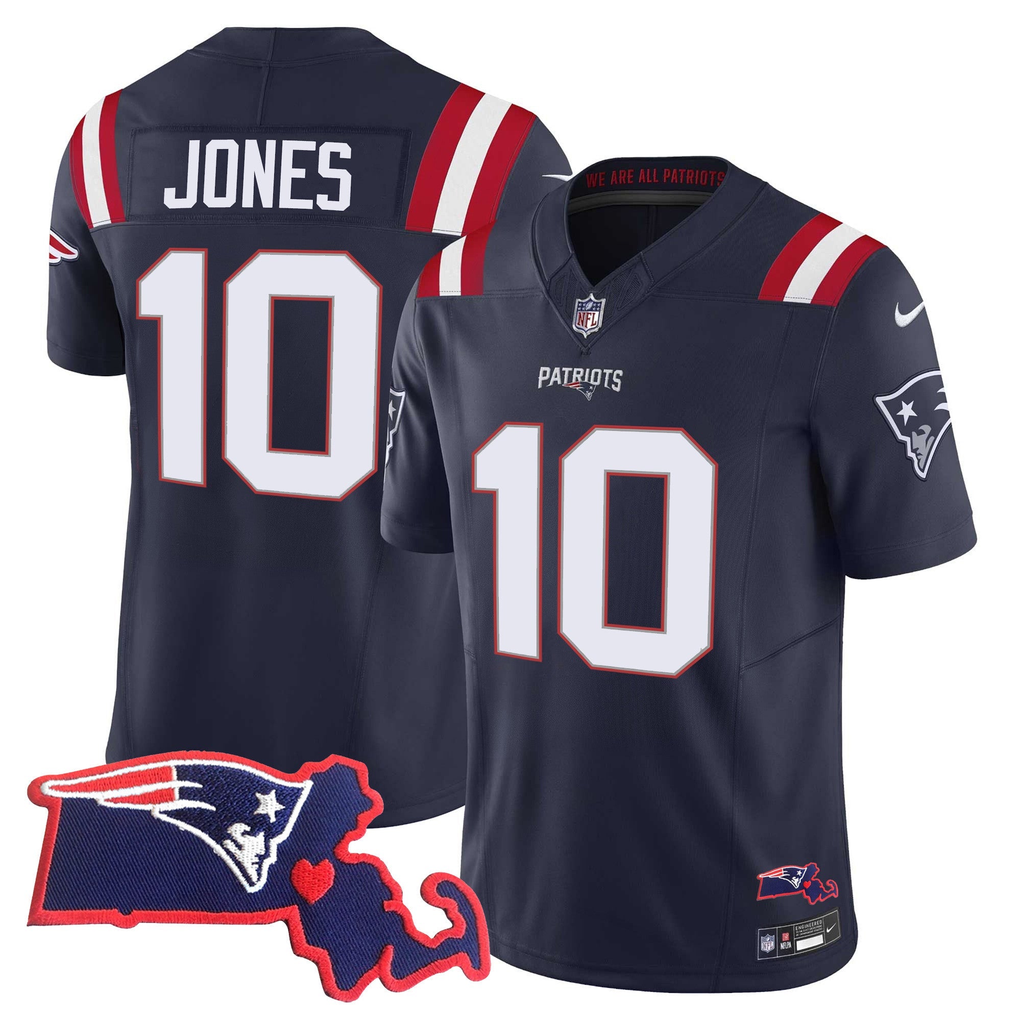 Patriots Massachusetts Patch Vapor Jersey – All Stitched – Navy – Mac Jones Jersey
